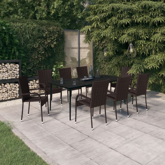 Set da Pranzo per Giardino 9 pz con Cuscini Marrone e Nero