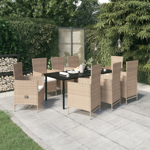 Set Mobili da Pranzo da Giardino 9 pz con Cuscini Beige