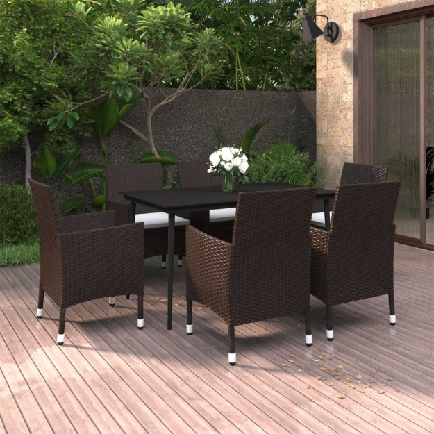 Set da Pranzo per Giardino 7 pz con Cuscini Polyrattan e Vetro