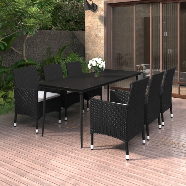 Set da Pranzo per Giardino 7 pz con Cuscini Polyrattan e Vetro