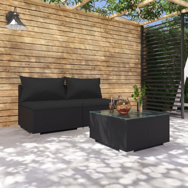 Set Divani da Giardino 3 pz con Cuscini in Polyrattan Nero