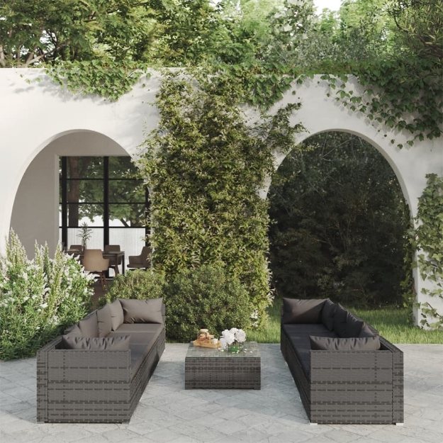 Set Divani da Giardino 9 pz con Cuscini in Polyrattan Grigio