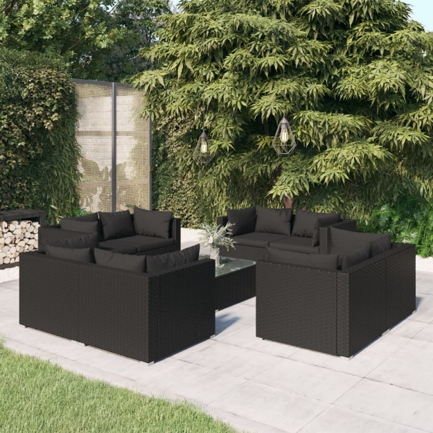 Set Divani da Giardino 9 pz con Cuscini in Polyrattan Nero