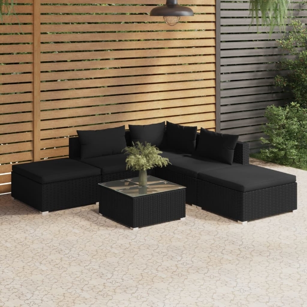 Set Divani da Giardino 6 pz con Cuscini in Polyrattan Nero