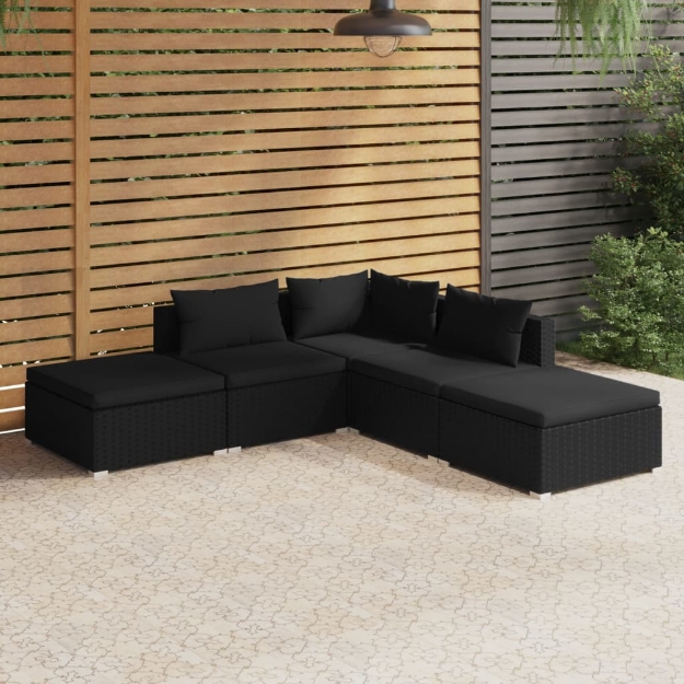 Set Divani da Giardino 5 pz con Cuscini in Polyrattan Nero