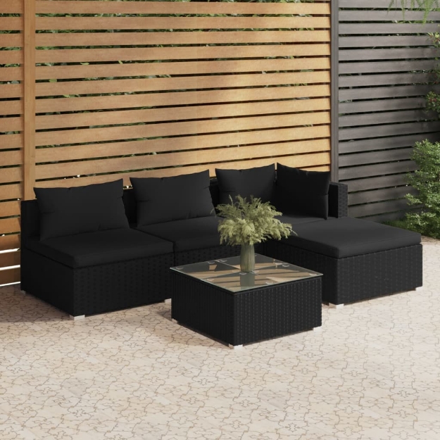 Set Divani da Giardino 5 pz con Cuscini in Polyrattan Nero