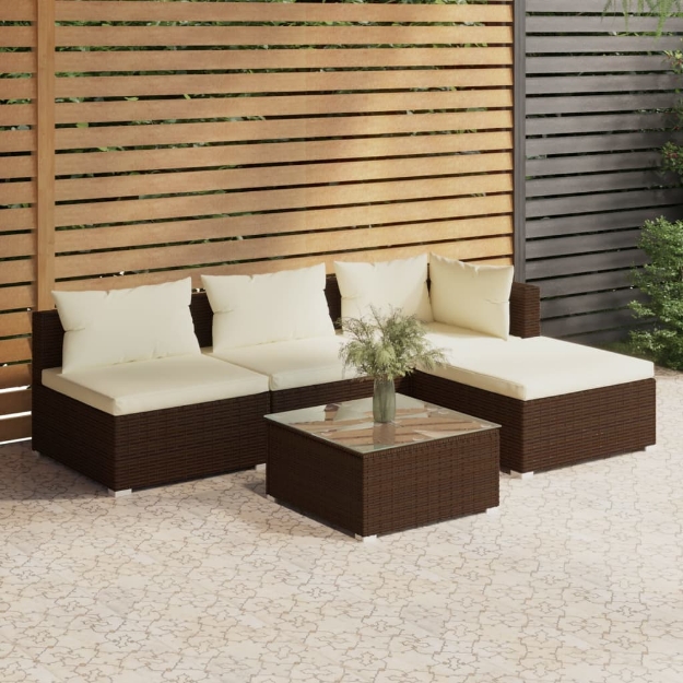 Set Divani da Giardino 5 pz con Cuscini in Polyrattan Marrone