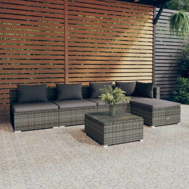 Set Divani da Giardino 6 pz con Cuscini in Polyrattan Grigio