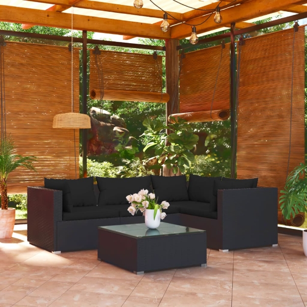 Set Salotto da Giardino 5 pz con Cuscini in Polyrattan Nero