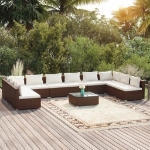 Set Divani da Giardino 11 pz con Cuscini in Polyrattan Marrone