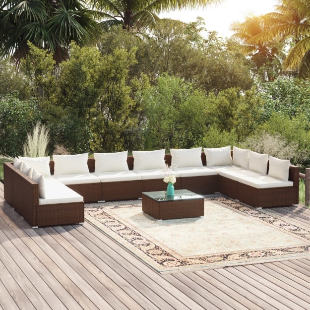 Set Divani da Giardino 11 pz con Cuscini in Polyrattan Marrone