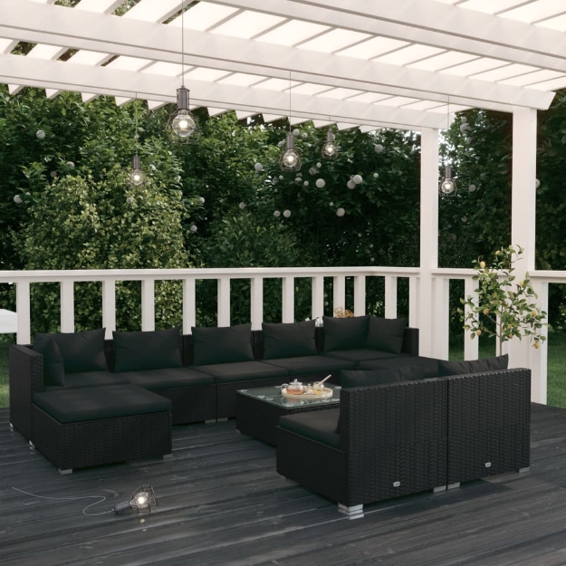 Set Divani da Giardino 10 pz con Cuscini in Polyrattan Nero