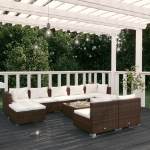 Set Divani da Giardino 10 pz con Cuscini in Polyrattan Marrone