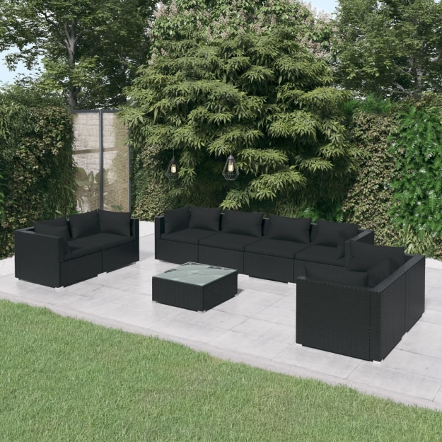 Set Divani da Giardino 9 pz con Cuscini in Polyrattan Nero