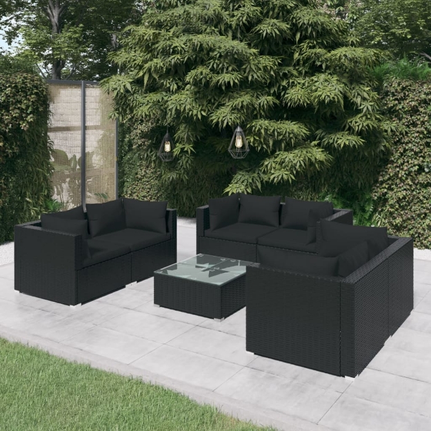 Set Divani da Giardino 7 pz con Cuscini in Polyrattan Nero