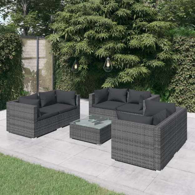 Set Divani da Giardino 7 pz con Cuscini in Polyrattan Grigio