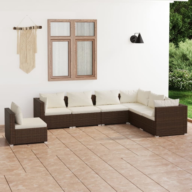 Set Divani da Giardino 7 pz con Cuscini in Polyrattan Marrone