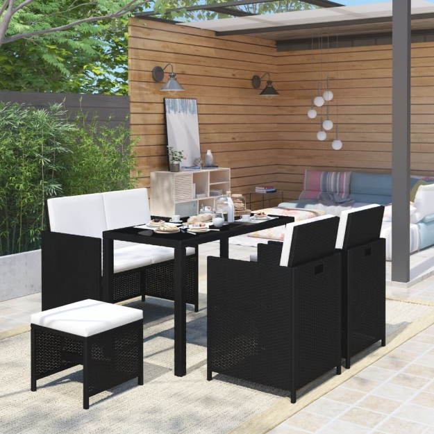 Set da Pranzo per Esterni 6 pz con Cuscini in Polyrattan Nero