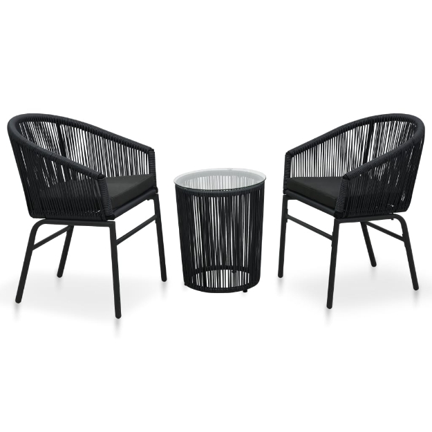 Set da Bistro 3 pz con Cuscini in Rattan PVC Nero