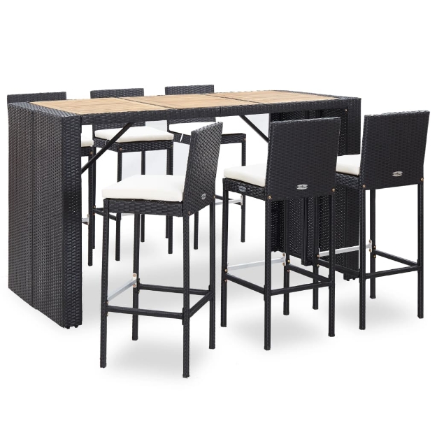 Set da Bar da Giardino 7 pz con Cuscini in Polyrattan Nero