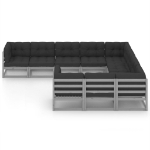 Set Divani da Giardino 10 pz Grigio Cuscini Massello di Pino