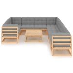 Set Divani da Giardino 11 pz con Cuscini Legno Massello di Pino