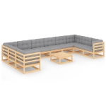 Set Divani da Giardino 11 pz con Cuscini Legno Massello di Pino