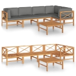 Set Divani da Giardino 6pz Cuscini Grigi Legno Massello di Teak