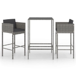 Set Bar da Giardino 3 pz con Cuscini in Polyrattan Grigio