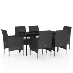 Set da Pranzo da Giardino Nero 7 pz con Cuscini