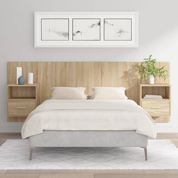 Testiera Letto con Comodini in Legno Multistrato Rovere Sonoma