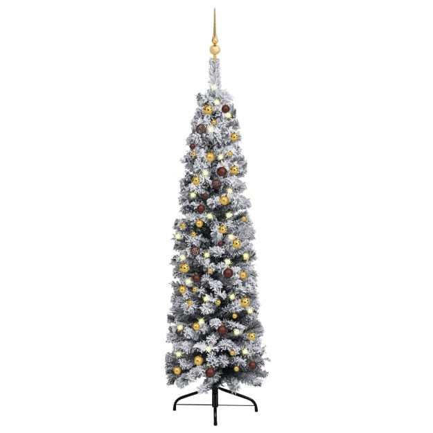 Set Albero di Natale Sottile con Luci LED e Palline Verde 180cm