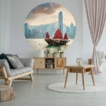 WallArt Cerchio Carta da Parati Skyline with Junk Boat 190 cm