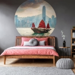 WallArt Cerchio Carta da Parati Skyline with Junk Boat 142,5 cm