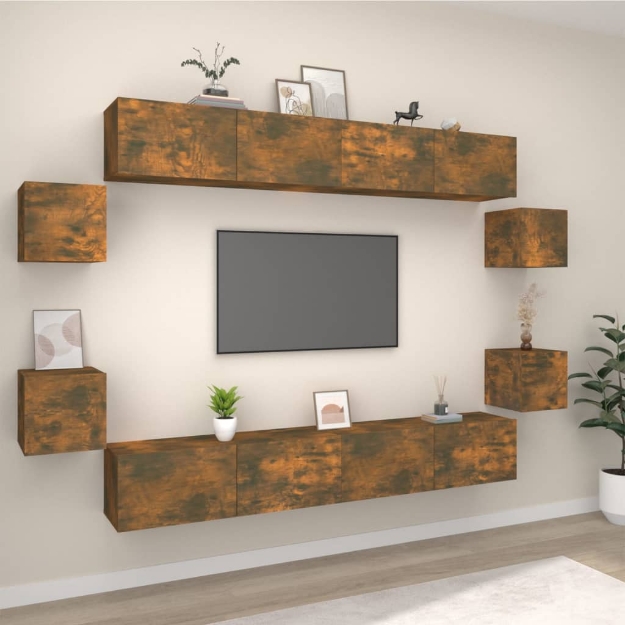 Set Mobili Porta TV 8pz Rovere Fumo in Legno Multistrato