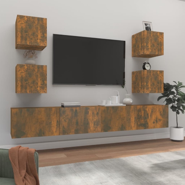 Set di Mobili Porta TV 6 pz Rovere Fumo in Legno Multistrato