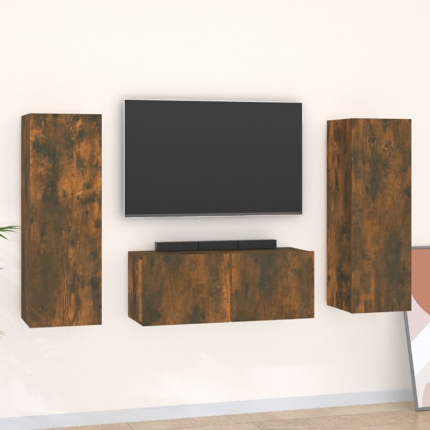 Set Mobili Porta TV 3 pz Rovere Fumo in Legno Multistrato