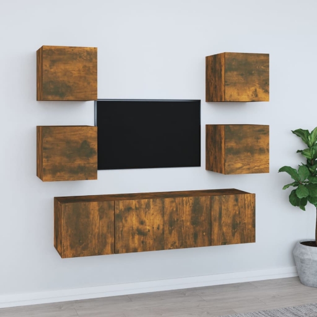 Set di Mobili Porta TV 6 pz Rovere Fumo in Legno Multistrato