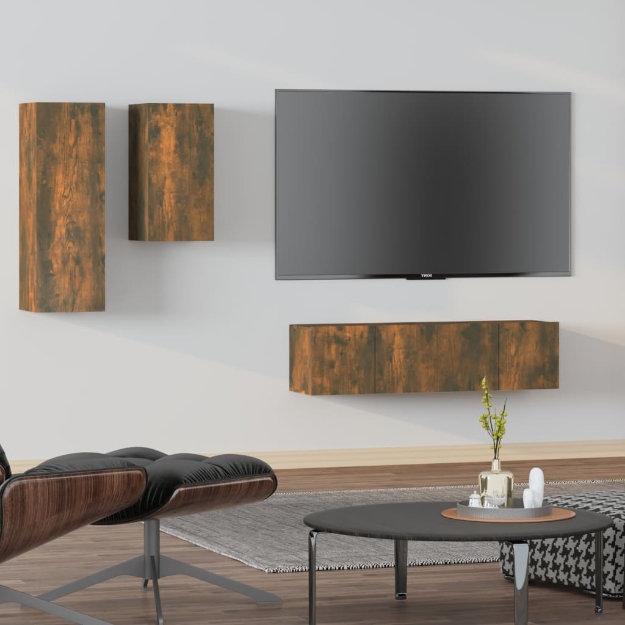 Set di Mobili Porta TV 4 pz Rovere Fumo in Legno Multistrato