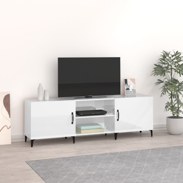 Mobile Porta TV Bianco Lucido 150x30x50 cm in Legno Multistrato