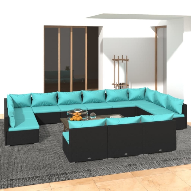 Set Divani da Giardino 13 pz con Cuscini in Polyrattan Nero