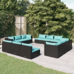 Set Divani da Giardino 12 pz con Cuscini in Polyrattan Nero