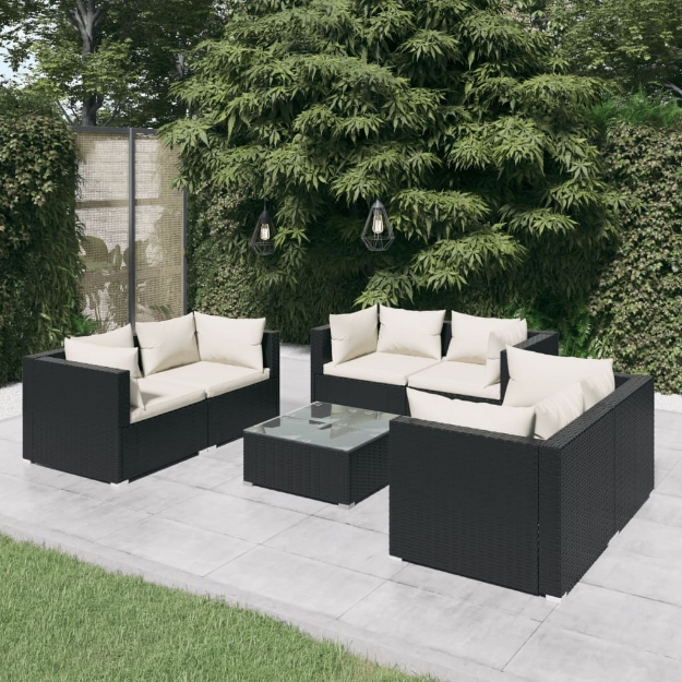 Set Divani da Giardino 7 pz con Cuscini in Polyrattan Nero