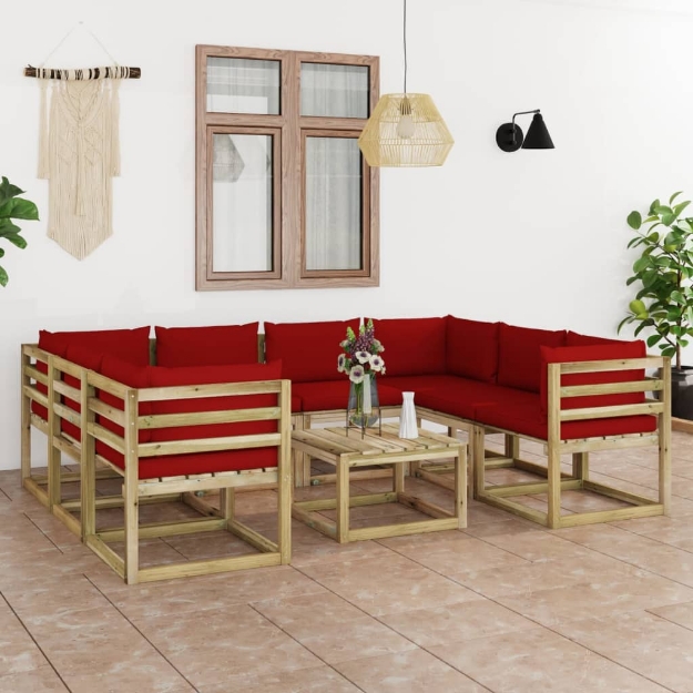 Set Divani da Giardino 9pz con Cuscini Legno di Pino Impregnato