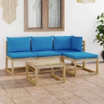 Set Divani da Giardino 5 pz con Cuscini Azzurri