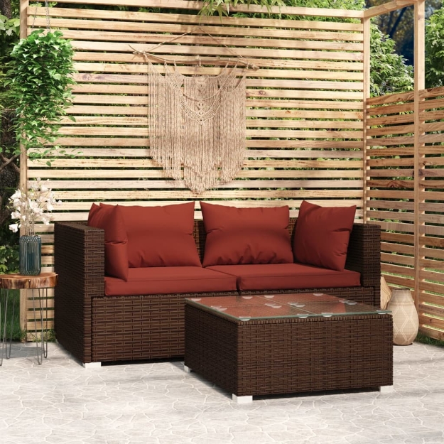 Set Divano da Giardino 3 pz con Cuscini in Polyrattan Marrone