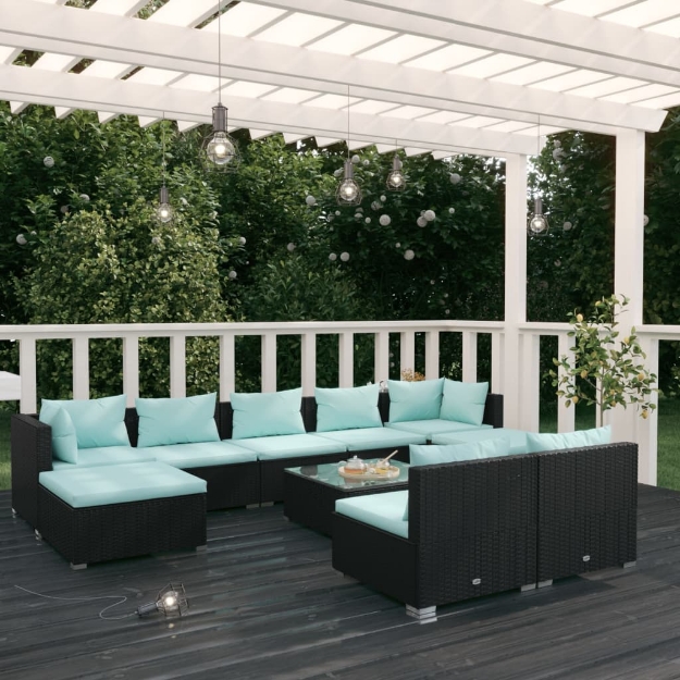 Set Divani da Giardino 10 pz con Cuscini in Polyrattan Nero