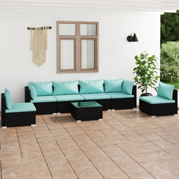 Set Salotto da Giardino 7 pz con Cuscini in Polyrattan Nero