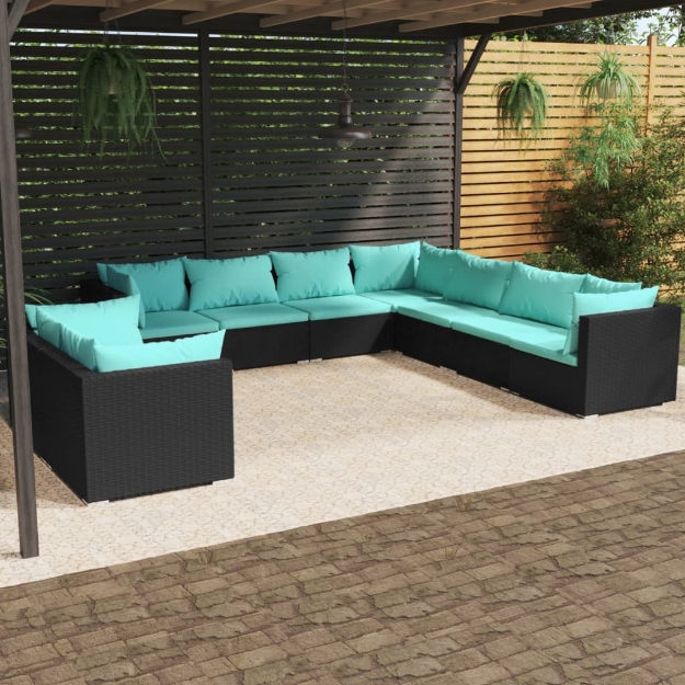 Set Divani da Giardino 9 pz con Cuscini in Polyrattan Nero