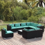 Set Salotto da Giardino 10 pz con Cuscini in Polyrattan Nero